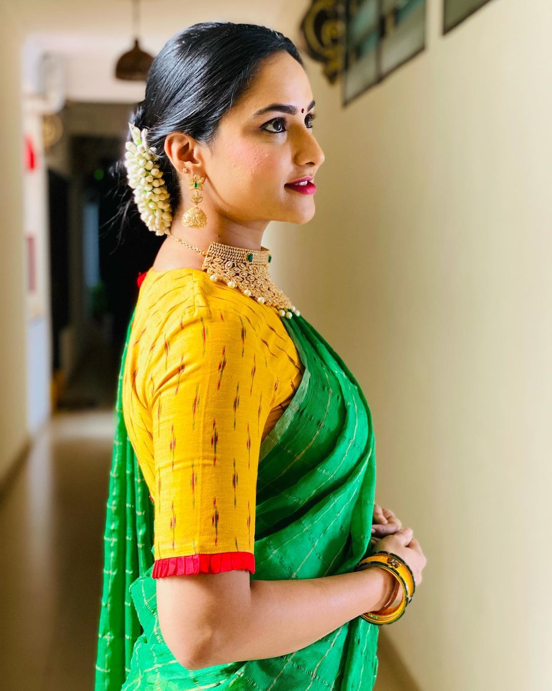 Telugu Tv Anchor Kasi Annapurna Stills in Green Lehenga Choli